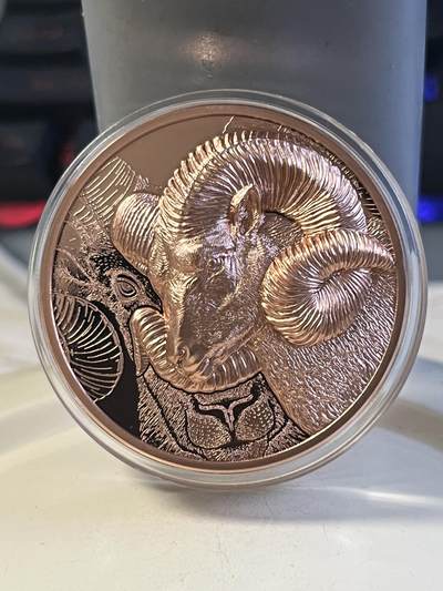 第177期拍卖【长期征集拍品】 - 蒙古2022年250图格里克类精制高浮雕铜币 盘羊 发行量：5千 带证