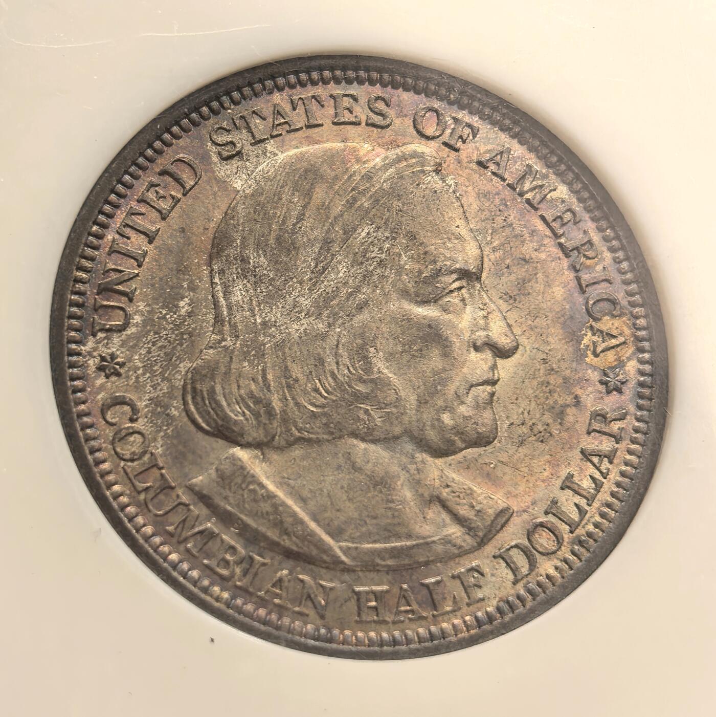 博洋堂世界钱币拍卖第142期（全场包邮） NGC MS64 美国1893年哥伦布发现新大陆50分纪念银币 美币经典品种 两面玫瑰红彩 背面彩形成趣味币：帆船在暴风雨中乘风破浪