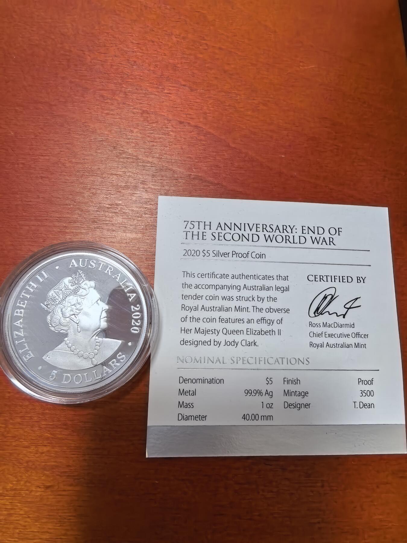 长老汇蛇年精选第五十九场拍卖 2020澳大利亚二战结束75周年5元精制银币，盒证全，3500枚，1盎司999银