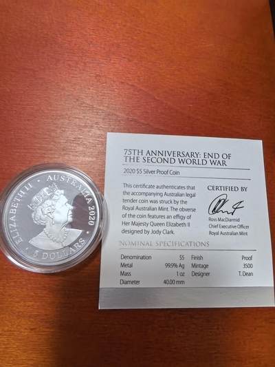 长老汇蛇年精选第五十九场拍卖 2020澳大利亚二战结束75周年5元精制银币，盒证全，3500枚，1盎司999银