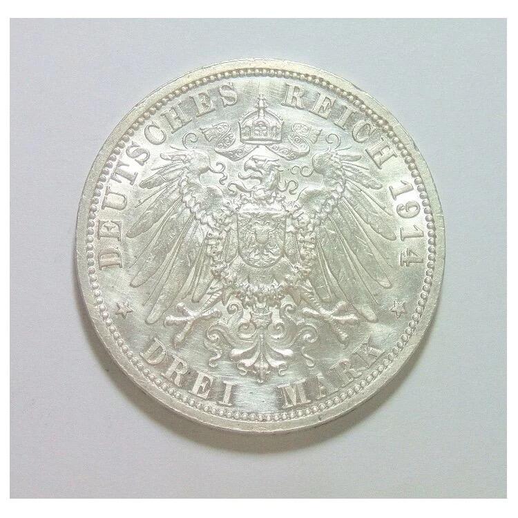 【银】德国普鲁士1914年 威廉二世军装3马克银币 带原光