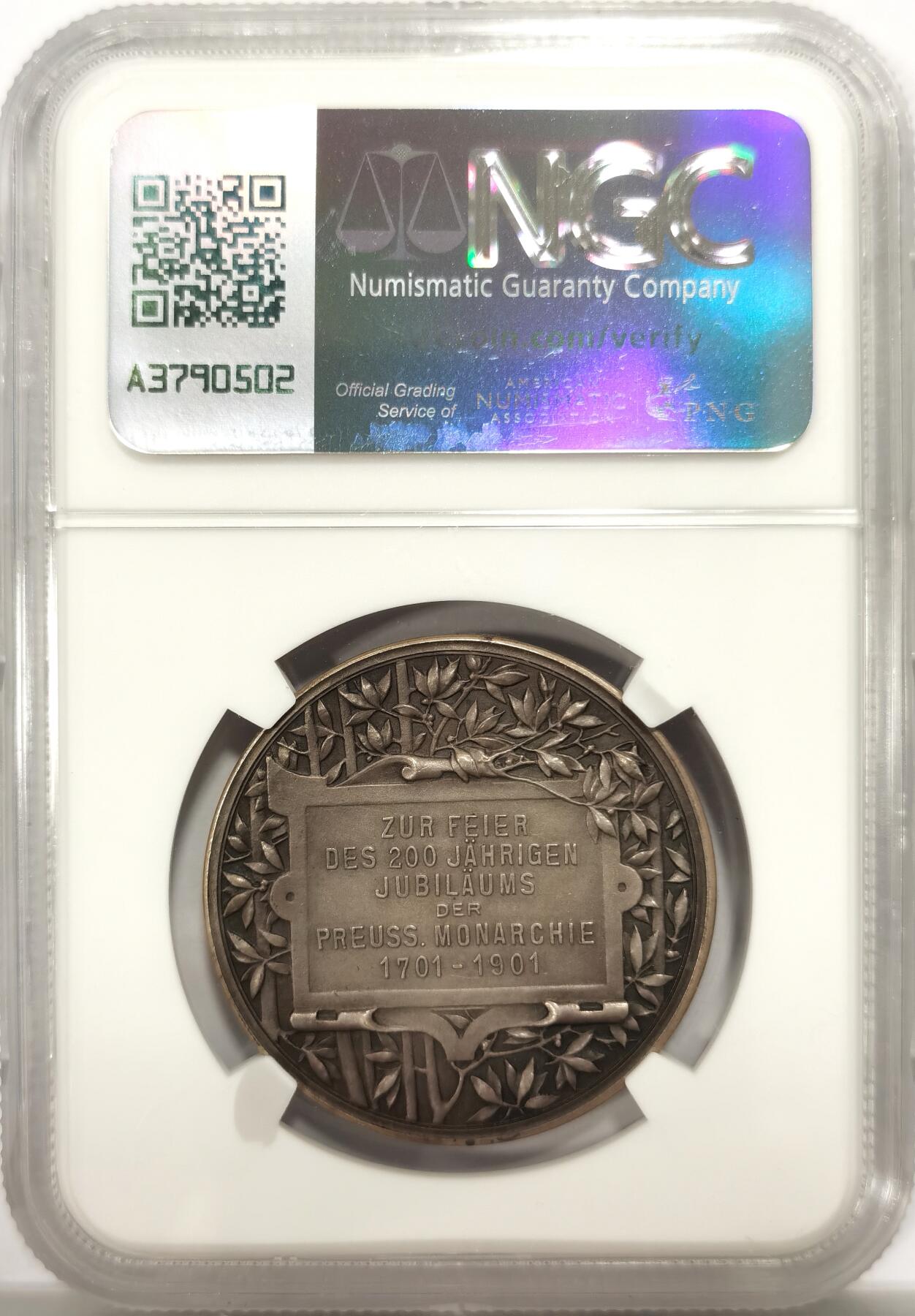 博洋堂世界钱币拍卖第142期（全场包邮） NGC MS64 德国普鲁士1901年建国200周年纪念银章，大天使下面并列腓特烈大帝和威廉二世的头像及加冕皇冠，整体设计制作精美之极，罕见的纪念银章。