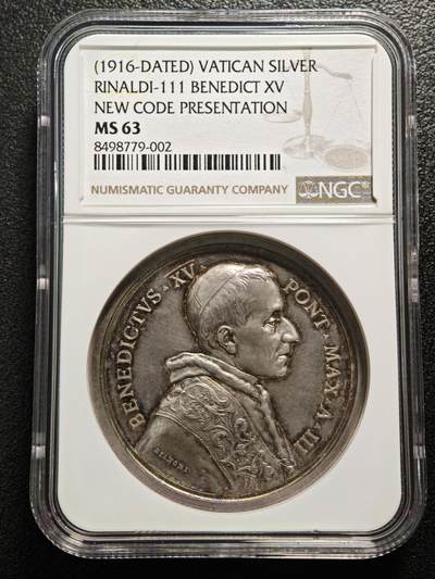 【德藏】世界币章拍卖第149期（拍品征集中~欢迎藏友联系） - 1916年 梵蒂冈本笃十五世教皇高浮雕纪念银章 NGC MS63 原味淡彩包浆 细节刻画极其丰富