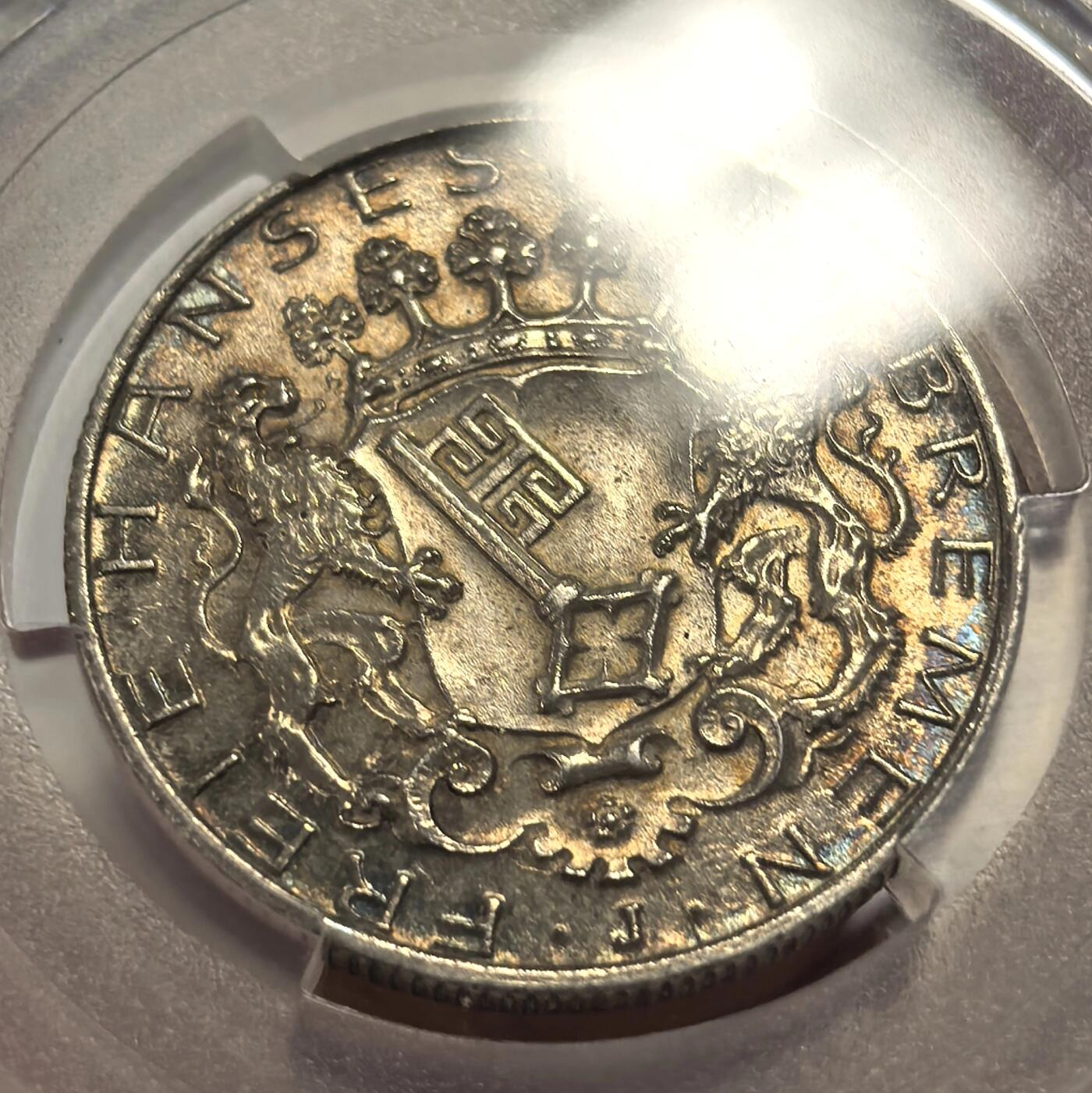 博洋堂世界钱币拍卖第142期（全场包邮） PCGS MS66 德国不莱梅自由市1906年流通2马克银币。金色包浆，超高分，状态非常好！