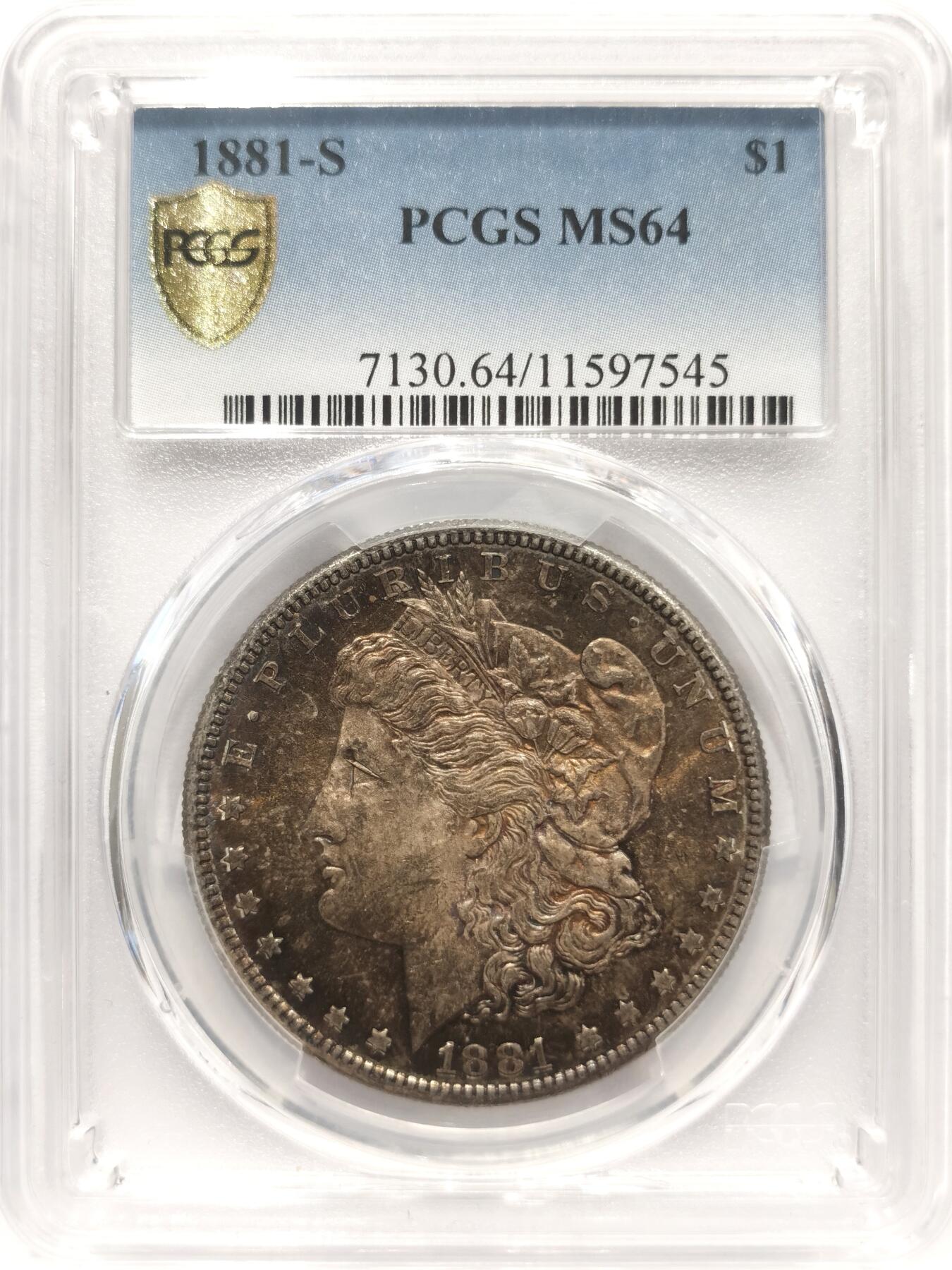 博洋堂世界钱币拍卖第142期（全场包邮） PCGS MS64 美国1881年摩根银币S厂 两面金灰满彩 边缘带有蓝彩 底光充足 该枚两面难得彩系统一 两面均带转光效果