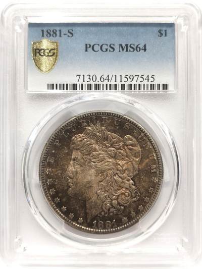 博洋堂世界钱币拍卖第142期（全场包邮） - PCGS MS64 美国1881年摩根银币S厂 两面金灰满彩 边缘带有蓝彩 底光充足 该枚两面难得彩系统一 两面均带转光效果