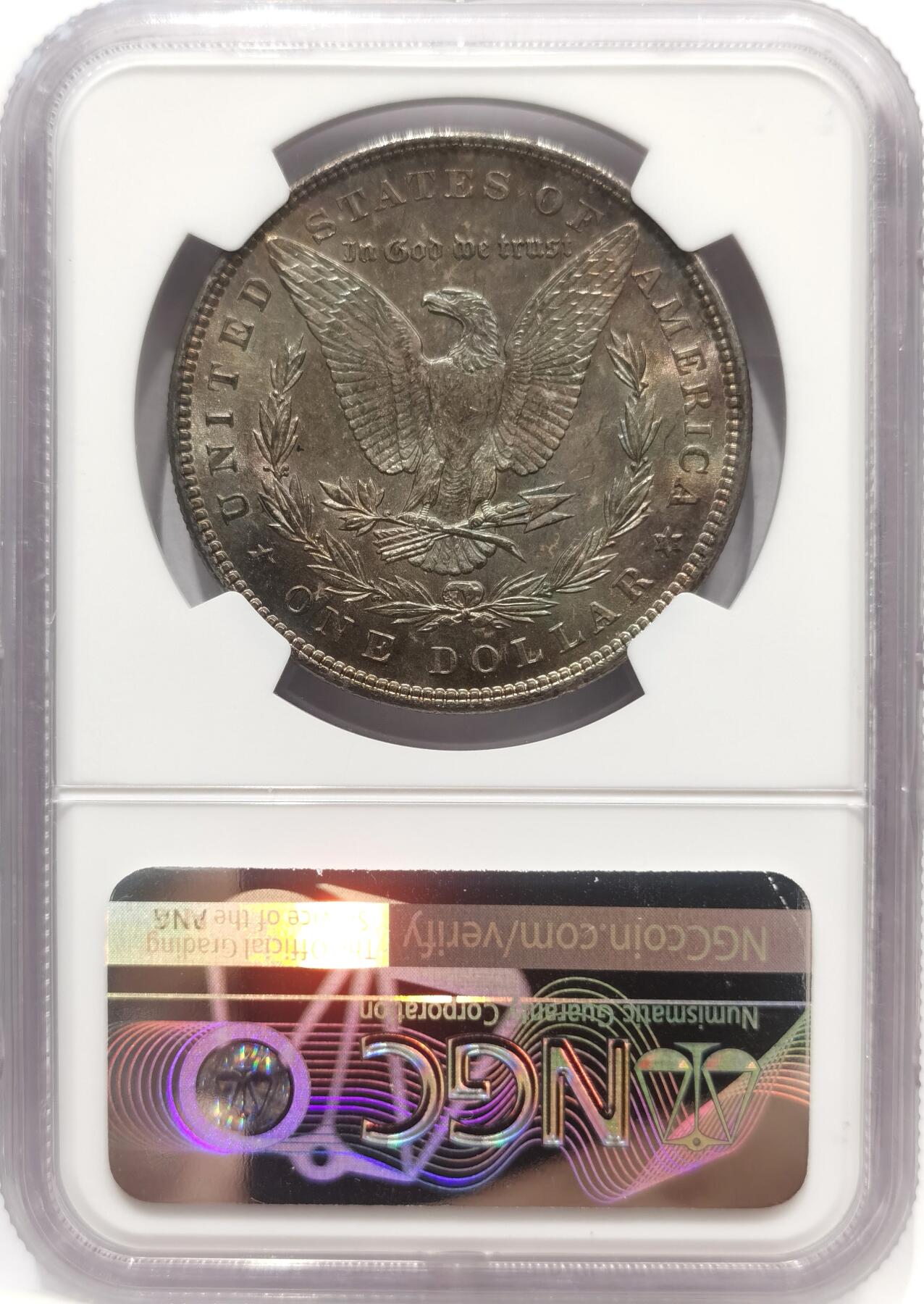 博洋堂世界钱币拍卖第142期（全场包邮） NGC MS64 美国1896年摩根银币P厂 女神面蓝紫满彩+蓝环彩 背面绿紫满彩 两面底光充沛 收藏级满彩摩根