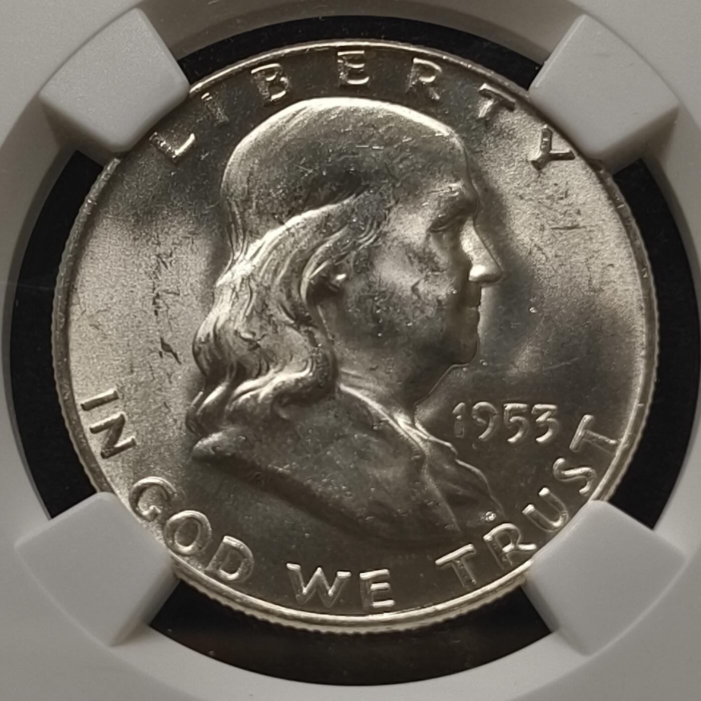 【全场包邮】纯粹捡漏拍467场-待排序 美国1953年富兰克林50分银币-NGC MS63