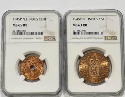 博洋堂世界钱币拍卖第142期（全场包邮） - NGC MS65/63RB 荷属东印度1945年1分、2.5分铜币2枚一对