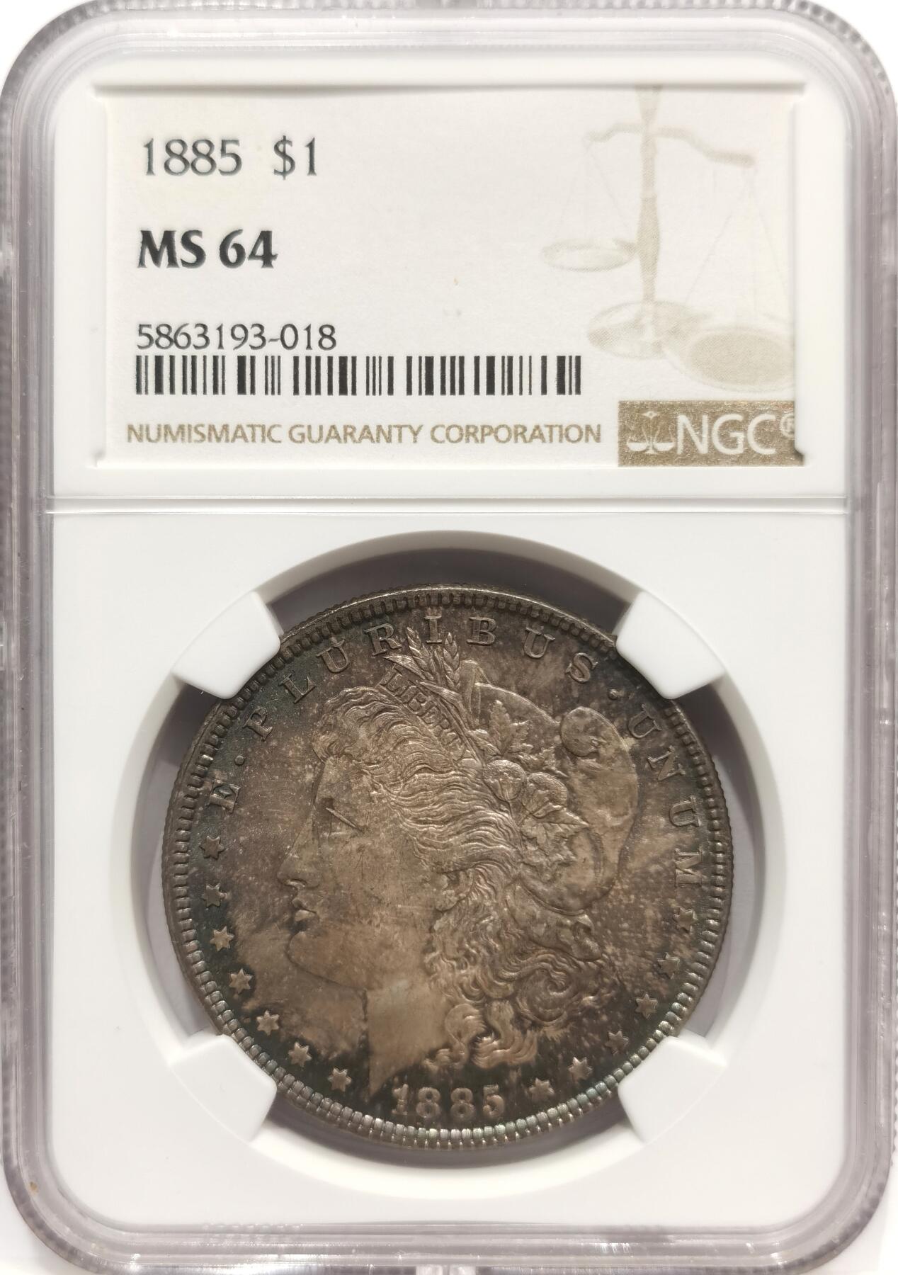 博洋堂世界钱币拍卖第142期（全场包邮） NGC MS64 美国1885年摩根银币P厂 女神面蓝紫满彩+蓝环彩 背面底光很好 漂亮的蓝月牙彩