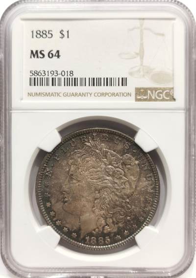 博洋堂世界钱币拍卖第142期（全场包邮） - NGC MS64 美国1885年摩根银币P厂 女神面蓝紫满彩+蓝环彩 背面底光很好 漂亮的蓝月牙彩