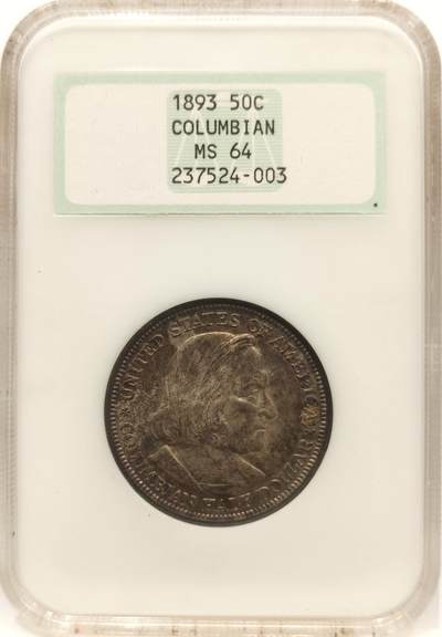 博洋堂世界钱币拍卖第142期（全场包邮） - NGC MS64 美国1893年哥伦布发现新大陆50分纪念银币 美币经典品种 两面玫瑰红彩 背面彩形成趣味币：帆船在暴风雨中乘风破浪