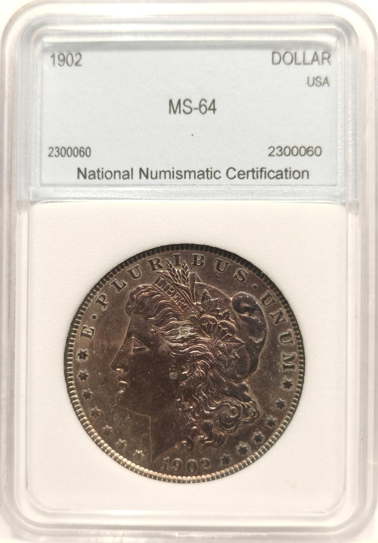 博洋堂世界钱币拍卖第142期（全场包邮） NNC MS64 美国1902年摩根银币 费城造币P厂 女神面紫色满彩 女神面部干净清爽 盒子有松动