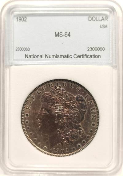 博洋堂世界钱币拍卖第142期（全场包邮） - NNC MS64 美国1902年摩根银币 费城造币P厂 女神面紫色满彩 女神面部干净清爽 盒子有松动