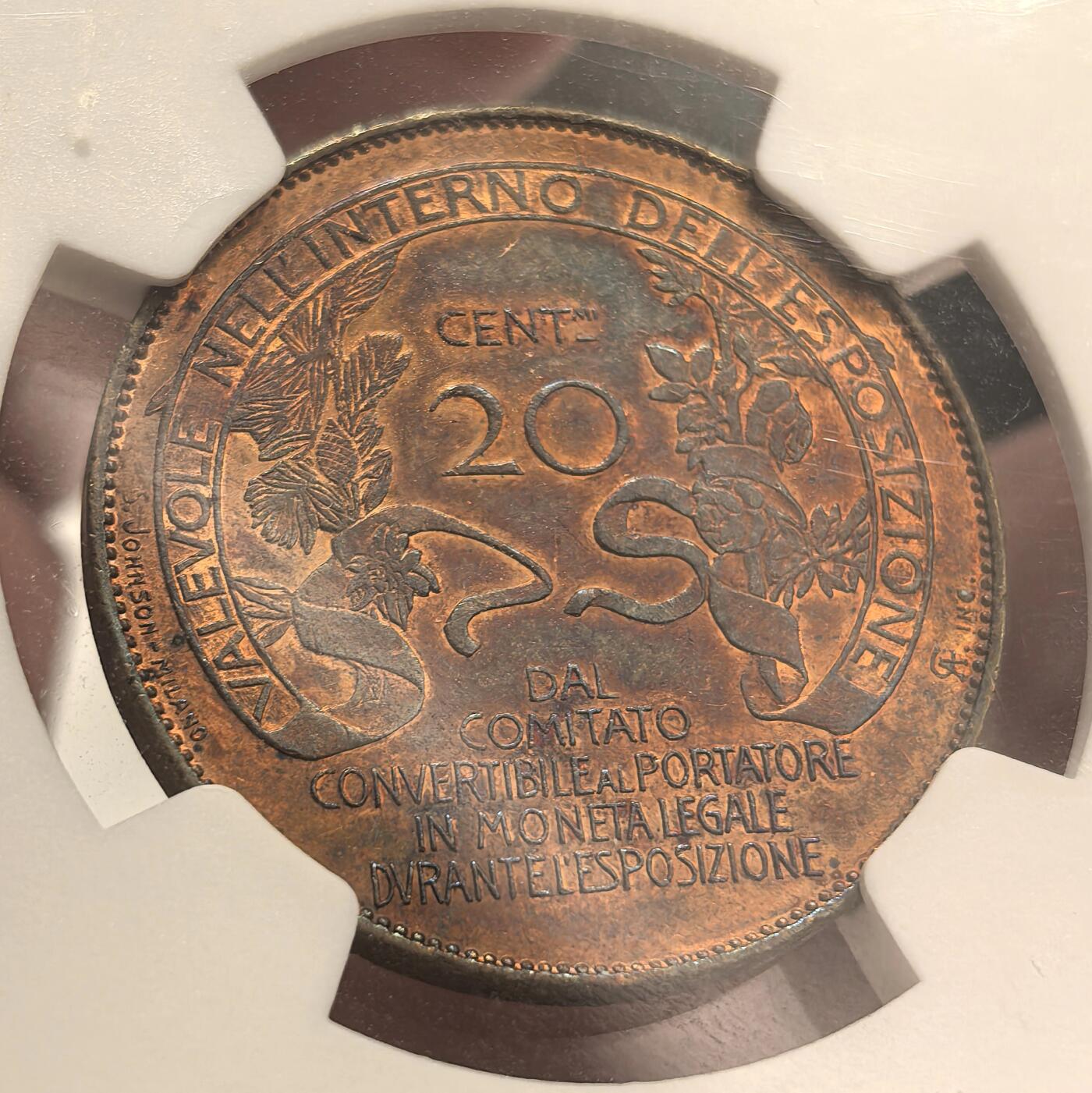 博洋堂世界钱币拍卖第142期（全场包邮） NGC MS62RB 意大利1906年米兰世博会20分代用币 意代用币名誉品 女神面部蓝彩 尤其侧面看 惊艳无比 该枚NGC第四名 更高分仅8枚