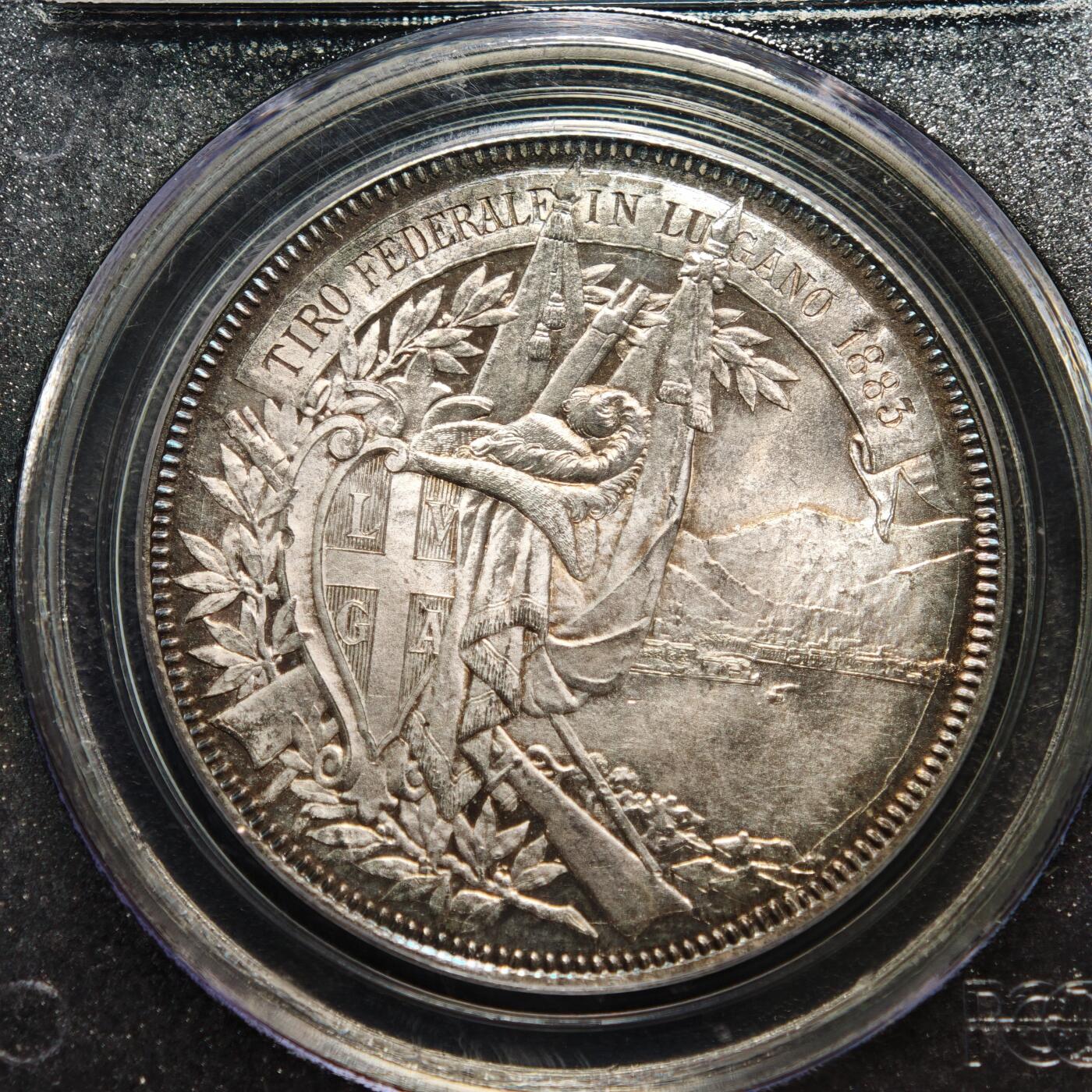 【德藏】世界币章拍卖第149期（拍品征集中~欢迎藏友联系） 1883年 瑞士卢加诺射击节5法郎银币 PCGS MS66 原光极强 略带淡黄油包浆 品相一流
