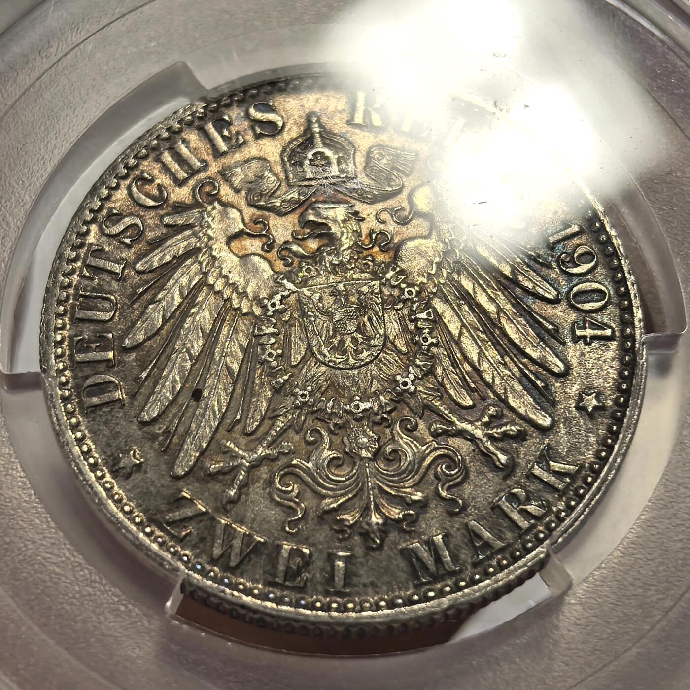 博洋堂世界钱币拍卖第142期（全场包邮） PCGS MS66 德国不莱梅自由市1906年流通2马克银币。金色包浆，超高分，状态非常好！