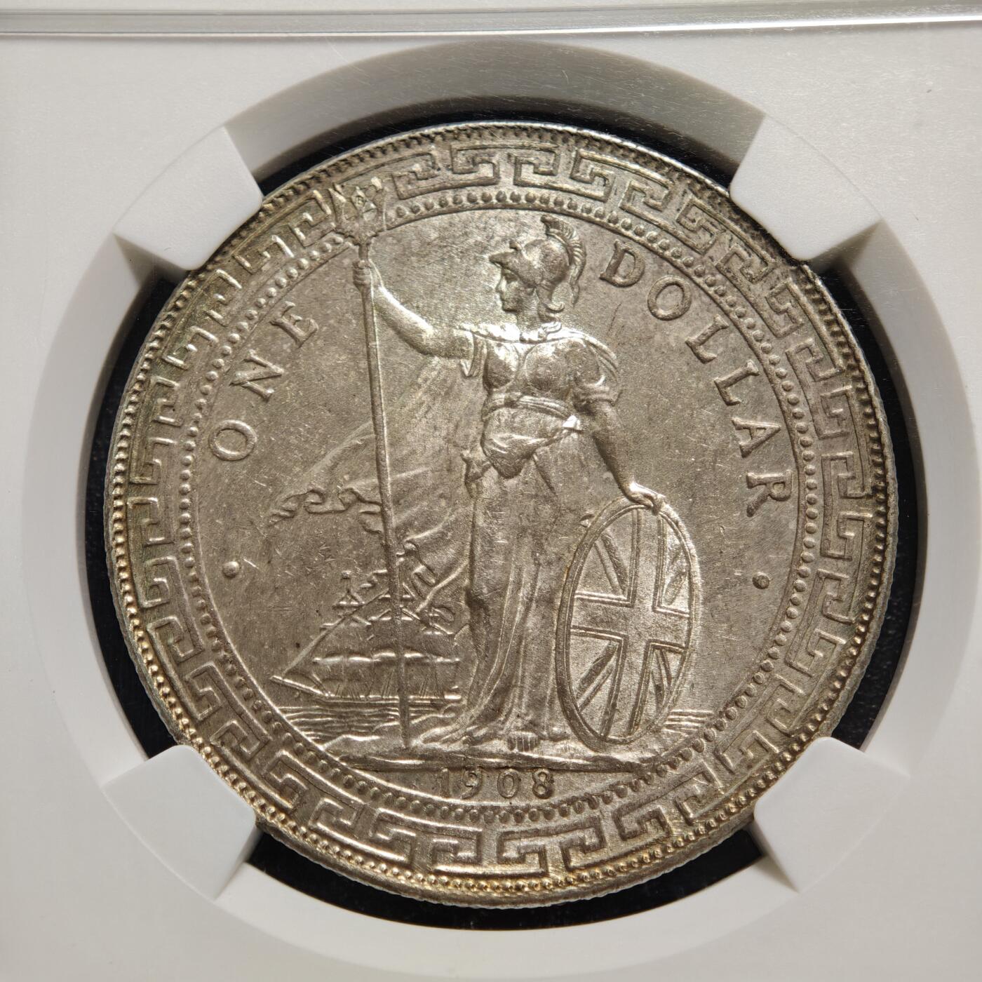 【德藏】世界币章拍卖第149期（拍品征集中~欢迎藏友联系） 1908年 英国站洋贸易银元银币 NGC MS62 状态极佳