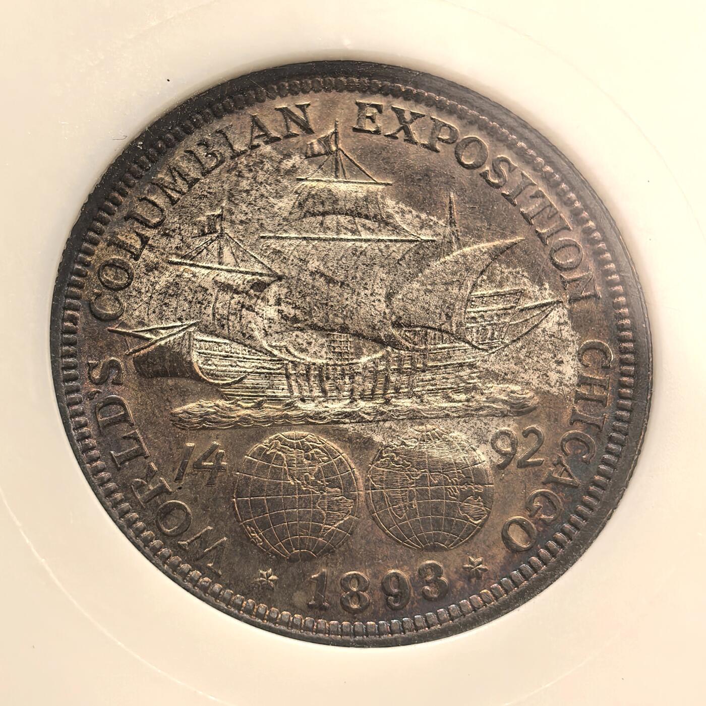 博洋堂世界钱币拍卖第142期（全场包邮） NGC MS64 美国1893年哥伦布发现新大陆50分纪念银币 美币经典品种 两面玫瑰红彩 背面彩形成趣味币：帆船在暴风雨中乘风破浪