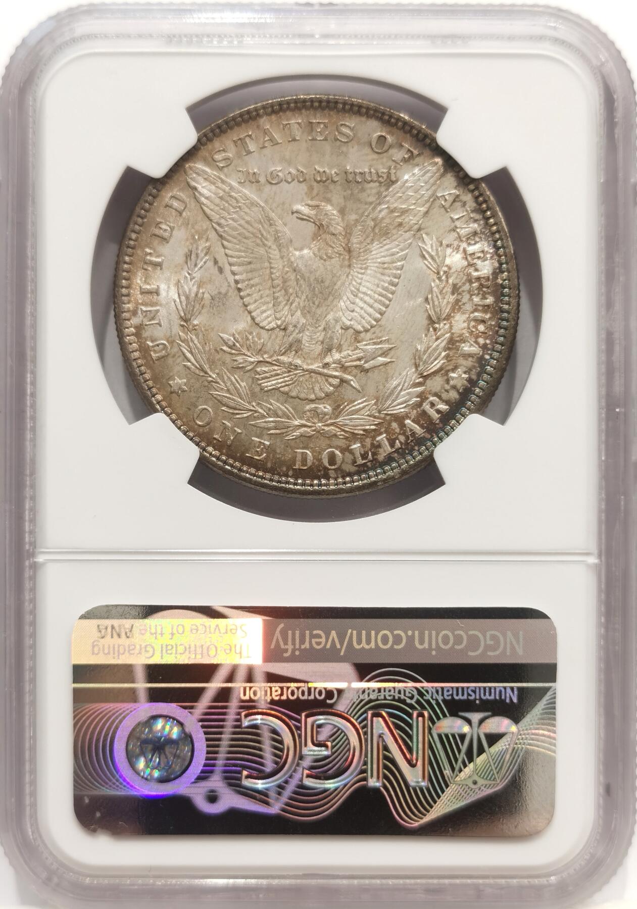 博洋堂世界钱币拍卖第142期（全场包邮） NGC MS64 美国1885年摩根银币P厂 女神面蓝紫满彩+蓝环彩 背面底光很好 漂亮的蓝月牙彩