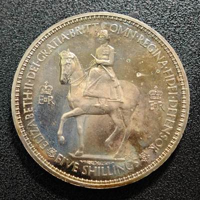【德藏】世界币章拍卖第149期（拍品征集中~欢迎藏友联系） - 1953年 英国伊丽莎白二世女王加冕纪念5先令镍币 状态极佳 直径约：38.5mm；重约：28.2g