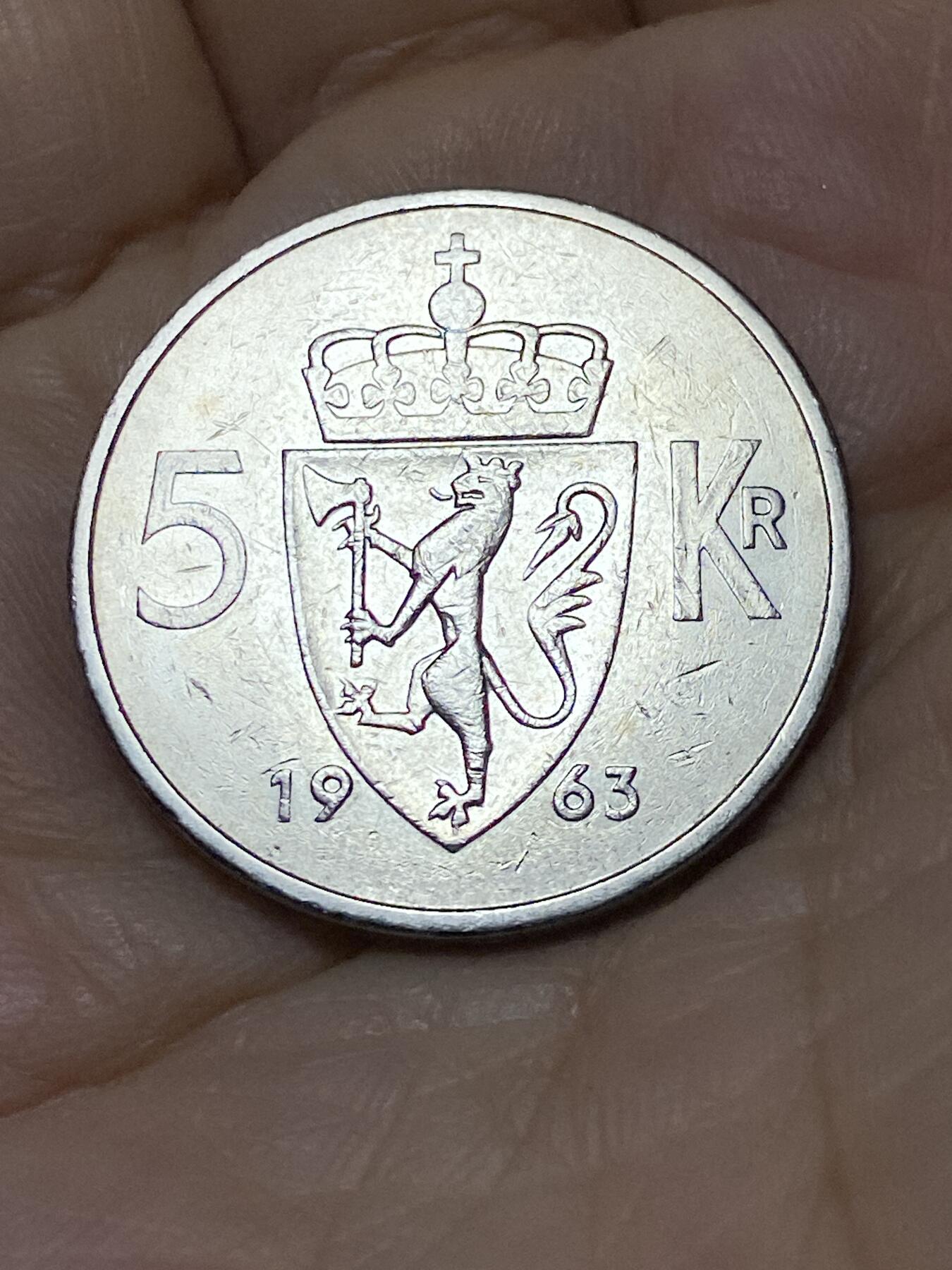 2025年第一百零六场(总第一百三十二场）外国好品散币(免佣金) 挪威🇳🇴1963年5克朗(奥拉夫五世第一套首发年)