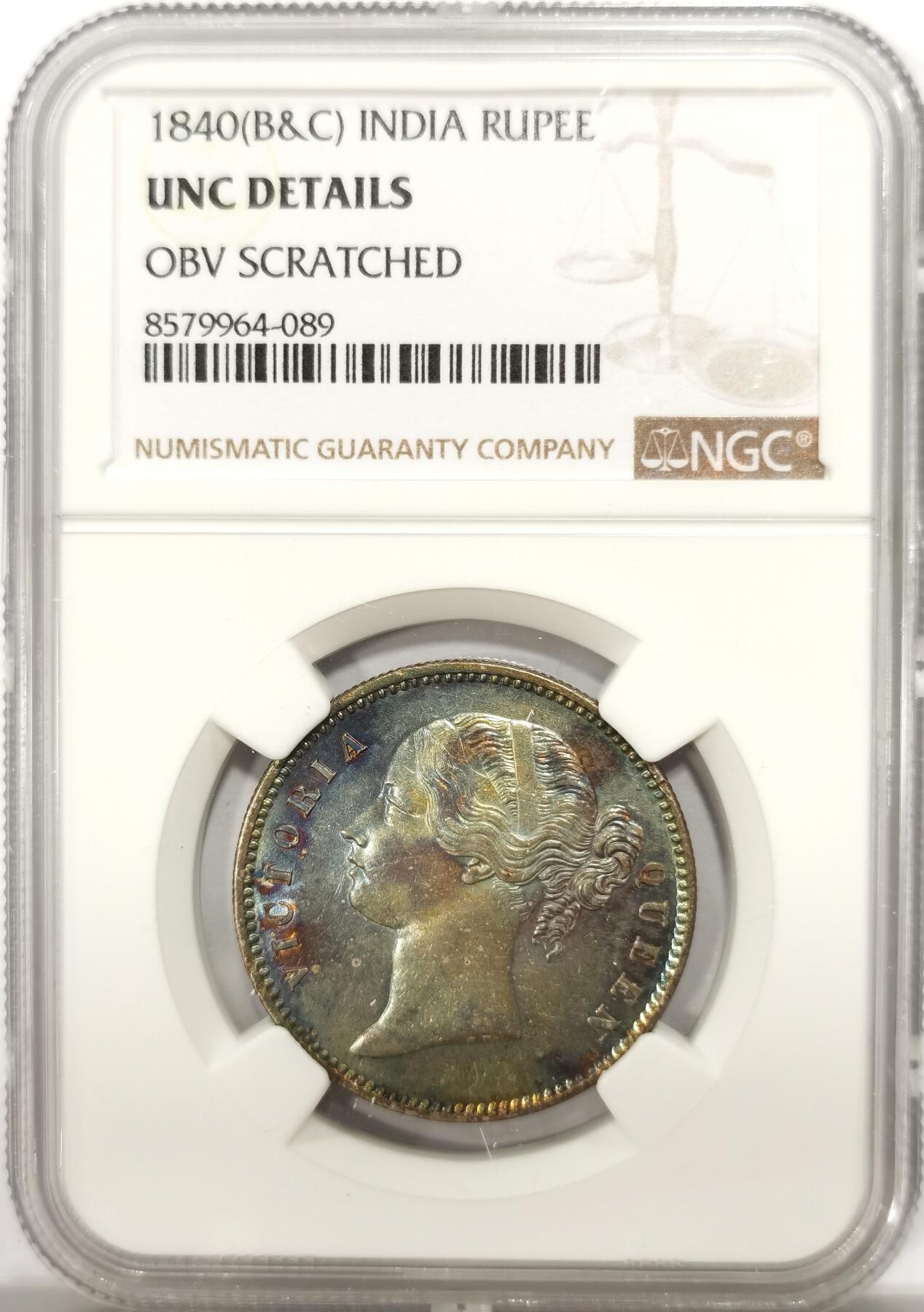 博洋堂世界钱币拍卖第142期（全场包邮） NGC UNCD 印度1840年小维卢比 正面深蓝彩 转光优秀 不知道为什么判了正面清洗 实属可惜 值得搏分