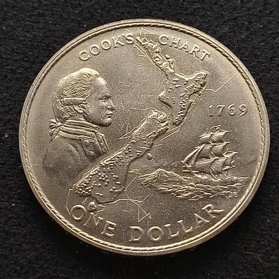 【全场包邮】纯粹捡漏拍466场-待排序 - 新西兰1969年1元詹姆斯库克发现新西兰岛200周年克朗型纪念币-原卡