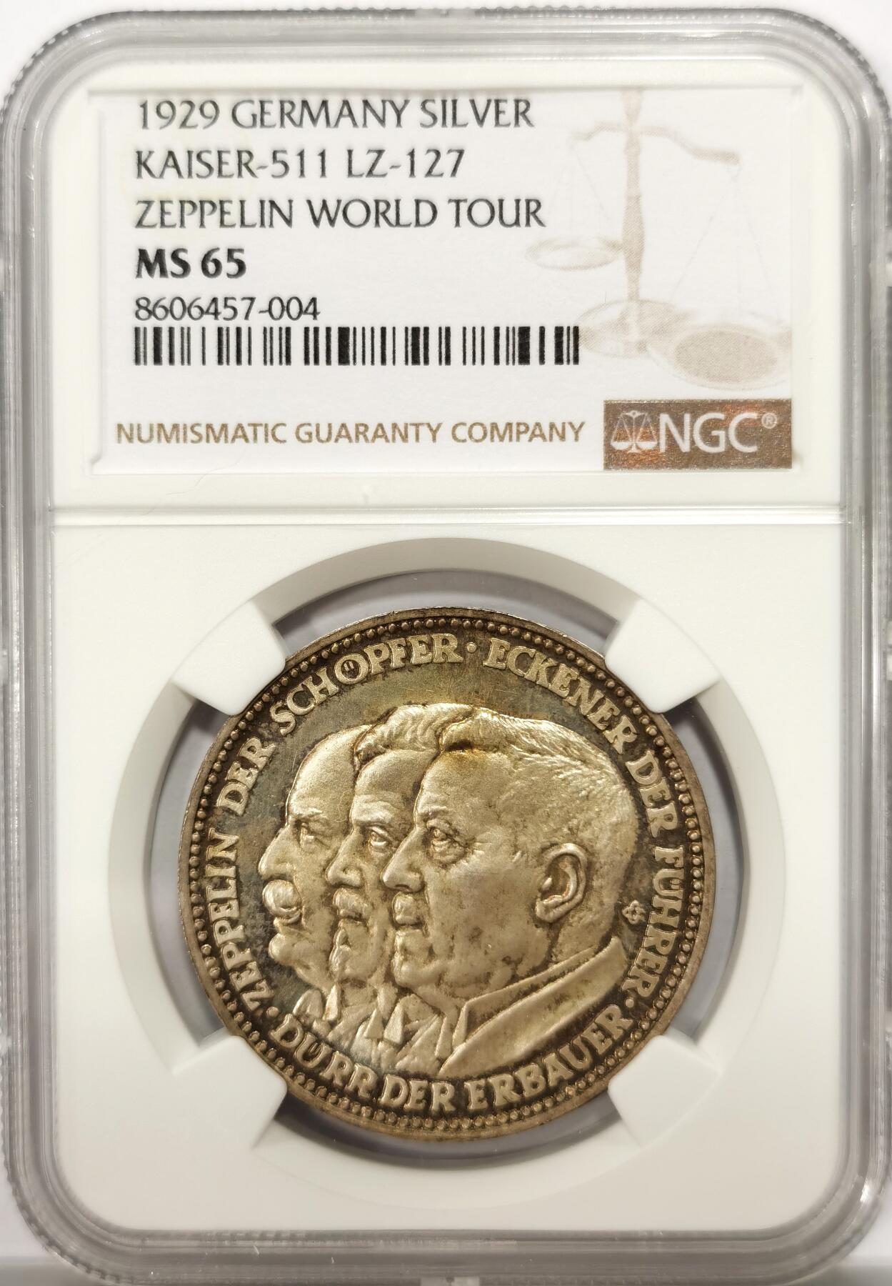 博洋堂世界钱币拍卖第142期（全场包邮） NGC MS65 德国1929年齐柏林飞艇环球飞行纪念大型银章。正面魏玛共和三巨头，反面环球世界图样，淡金包浆，强烈的精制感！