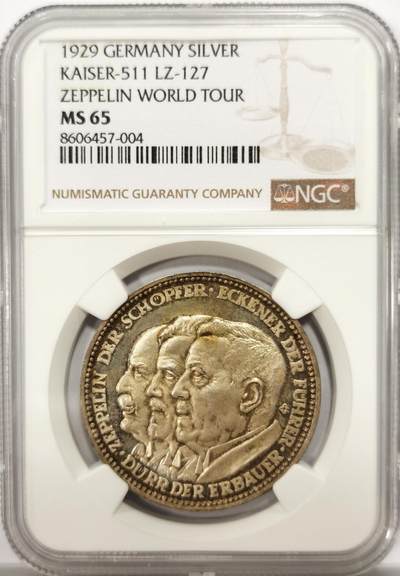 博洋堂世界钱币拍卖第142期（全场包邮） - NGC MS65 德国1929年齐柏林飞艇环球飞行纪念大型银章。正面魏玛共和三巨头，反面环球世界图样，淡金包浆，强烈的精制感！