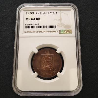 【全场包邮】纯粹捡漏拍467场-待排序 - 根西1920年4便士铜币-NGC MS64 RB