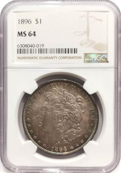 博洋堂世界钱币拍卖第142期（全场包邮） - NGC MS64 美国1896年摩根银币P厂 女神面蓝紫满彩+蓝环彩 背面绿紫满彩 两面底光充沛 收藏级满彩摩根