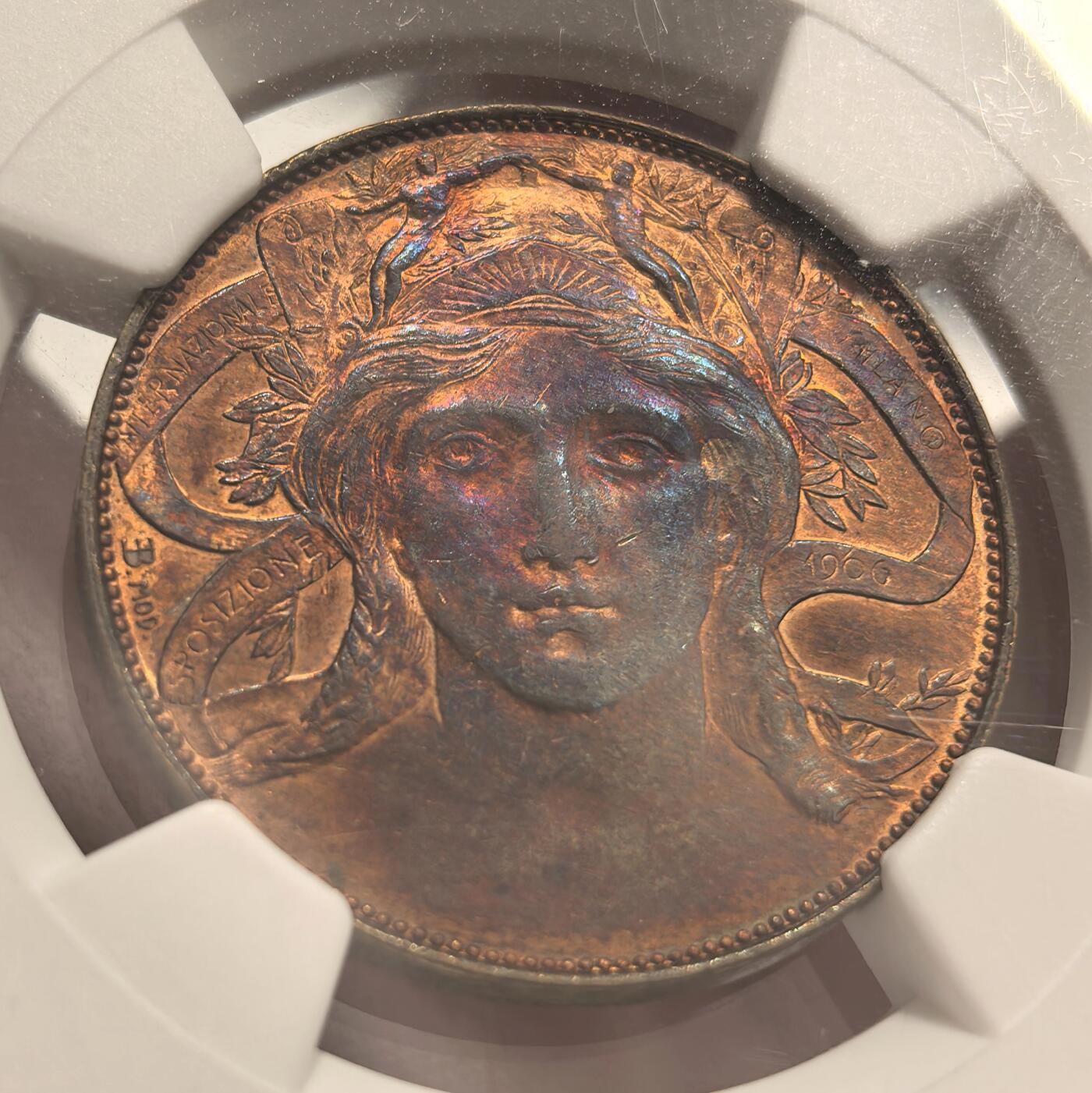 博洋堂世界钱币拍卖第142期（全场包邮） NGC MS62RB 意大利1906年米兰世博会20分代用币 意代用币名誉品 女神面部蓝彩 尤其侧面看 惊艳无比 该枚NGC第四名 更高分仅8枚