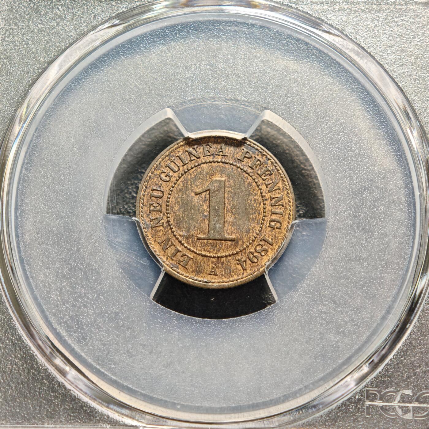 【德藏】世界币章拍卖第149期（拍品征集中~欢迎藏友联系） 1894年 徳属新几内亚1芬尼铜币 PCGS MS62BN 状态极佳 原味淡包浆 稀少品种