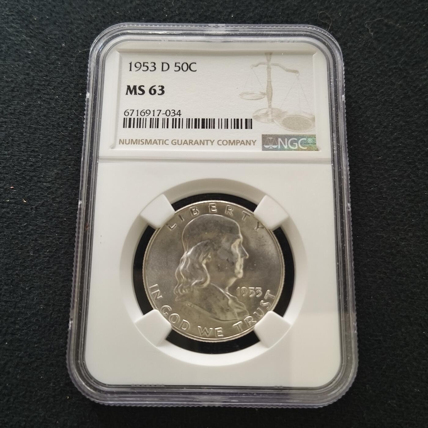 【全场包邮】纯粹捡漏拍467场-待排序 美国1953年富兰克林50分银币-NGC MS63
