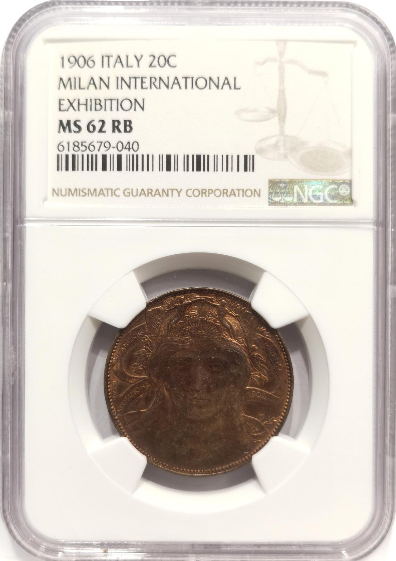博洋堂世界钱币拍卖第142期（全场包邮） NGC MS62RB 意大利1906年米兰世博会20分代用币 意代用币名誉品 女神面部蓝彩 尤其侧面看 惊艳无比 该枚NGC第四名 更高分仅8枚
