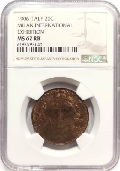 博洋堂世界钱币拍卖第142期（全场包邮） - NGC MS62RB 意大利1906年米兰世博会20分代用币 意代用币名誉品 女神面部蓝彩 尤其侧面看 惊艳无比 该枚NGC第四名 更高分仅8枚