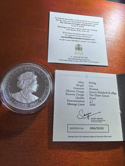 长老汇蛇年精选第五十九场拍卖 2021圣勒赫拿岛美惠三女神1英镑精制银币，1盎司999银，3000枚，盒证全