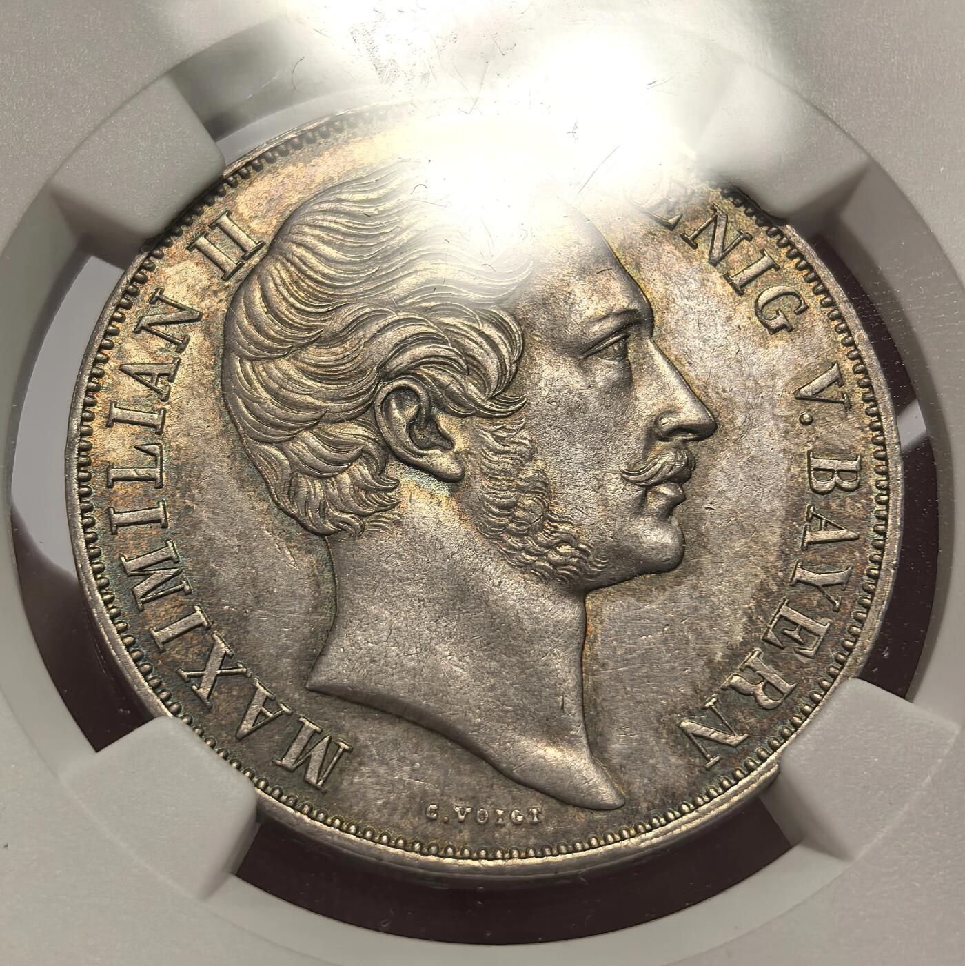 博洋堂世界钱币拍卖第142期（全场包邮） NGC UNC 德国巴伐利亚1855年马克西米利安二世圣母抱婴2盾银币，状态好，五彩严评。