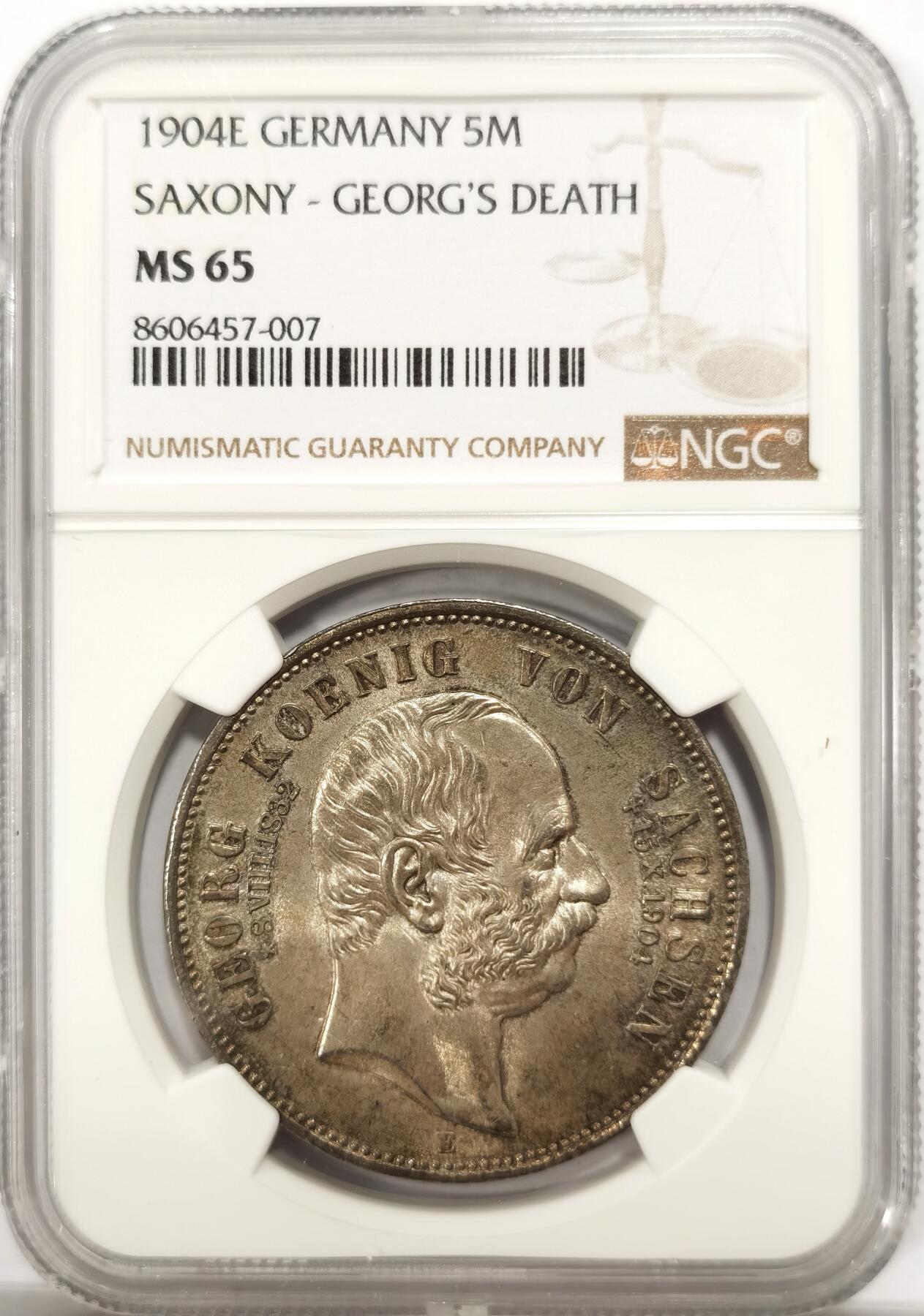 博洋堂世界钱币拍卖第142期（全场包邮） NGC MS65 德国萨克森1904年乔治国王逝世5马克银币，暗金色光泽，底板无丝毫划痕，高分。