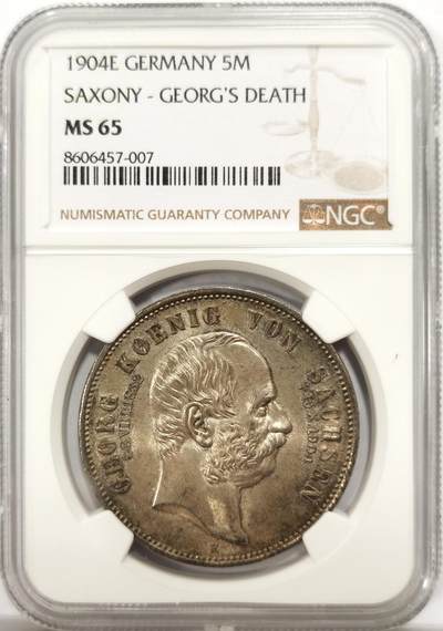 博洋堂世界钱币拍卖第142期（全场包邮） - NGC MS65 德国萨克森1904年乔治国王逝世5马克银币，暗金色光泽，底板无丝毫划痕，高分。
