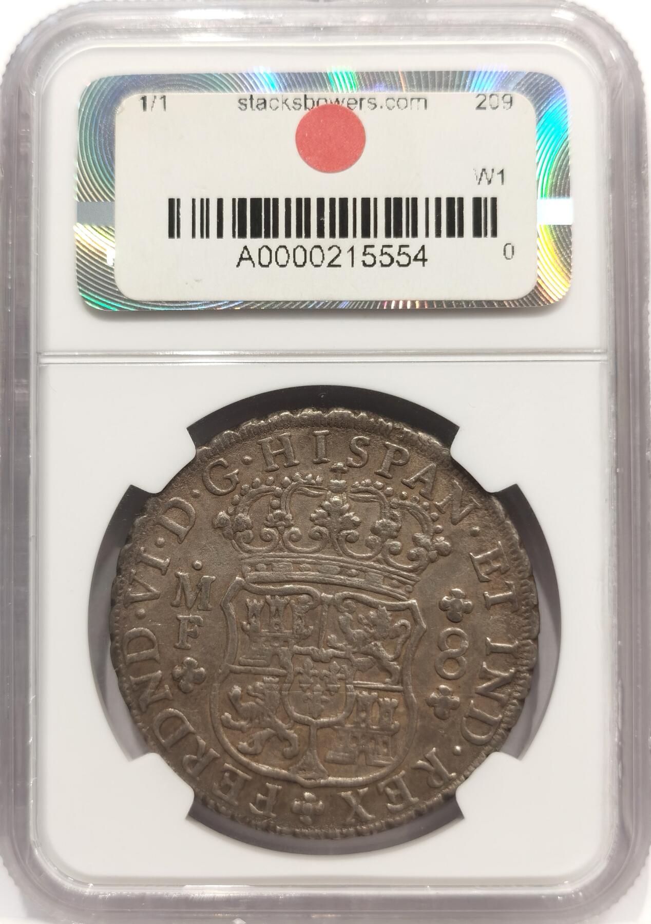 博洋堂世界钱币拍卖第142期（全场包邮） NGC AU 西属墨西哥1752年费六地球双柱8R银币MO MF NGC早期紫标 斐迪南六世这个年份常常有弱打 这枚双面均打制漂亮 难得的状态 砸盒养一养重评有机会出分