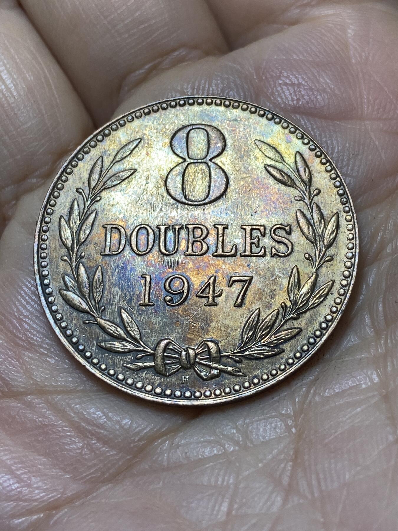 2025年第一百零七场(总第一百三十三场）外国好品散币(免佣金) 带光好品–英属根西岛1947年8道布(乔治六世时期，H标喜敦厂造)