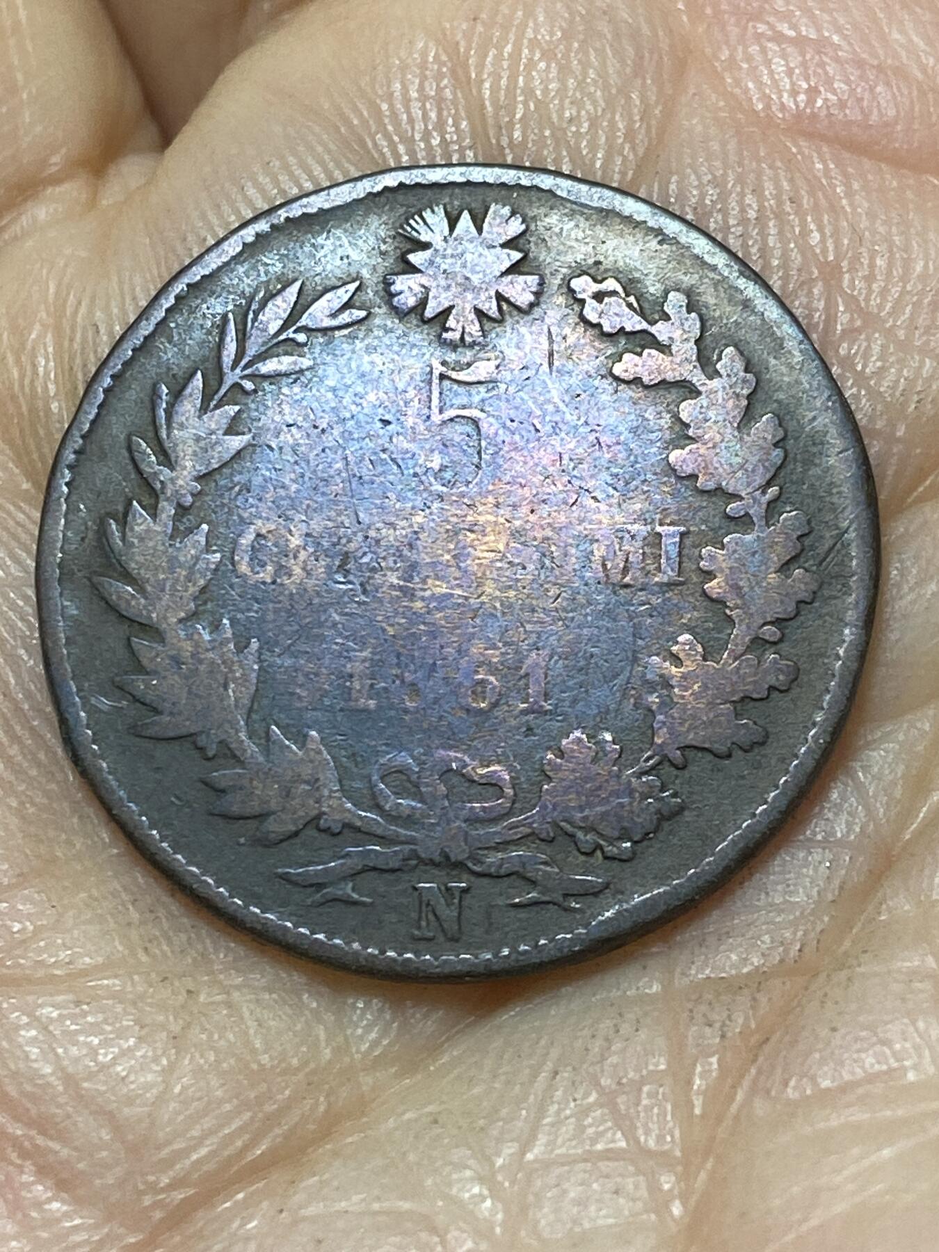 2025年第一百零七场(总第一百三十三场）外国好品散币(免佣金) 意大利王国1861年5分(维托里奥·埃马努埃莱二世时期，N标那不勒斯造，首发年仅发行3年)