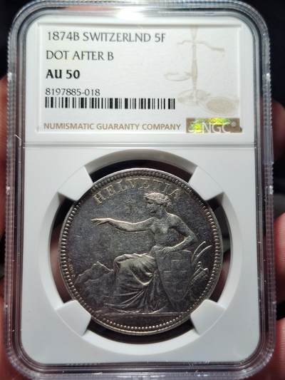 中外钱币第四场 - NGC-AU50分瑞士1874年5法郎B.版