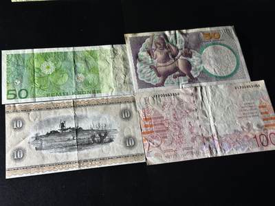 《外钞收藏家》第五百七十四期（精选场）（本平台长期征集拍品、欢迎藏友们联系合作） 挪威50克朗、瑞典50克朗、丹麦10克朗、比利时100法郎 四张一起 非全新 品相如图