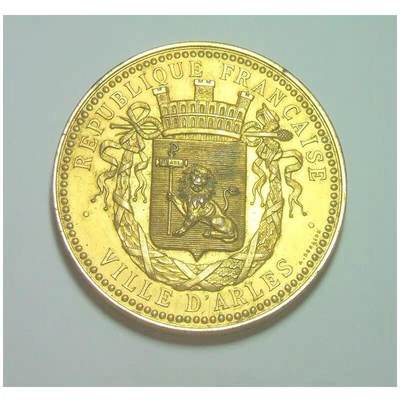 法国1890年阿尔勒市徽 狮子+城堡高浮雕精制大镀金章 50MM - 法国1890年阿尔勒市徽 狮子+城堡高浮雕精制大镀金章 50MM
