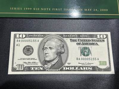 《外钞收藏家》第五百七十四期（精选场）（本平台长期征集拍品、欢迎藏友们联系合作） 1999年美国大头版10美元 数三 千位号 首发版 全新UNC