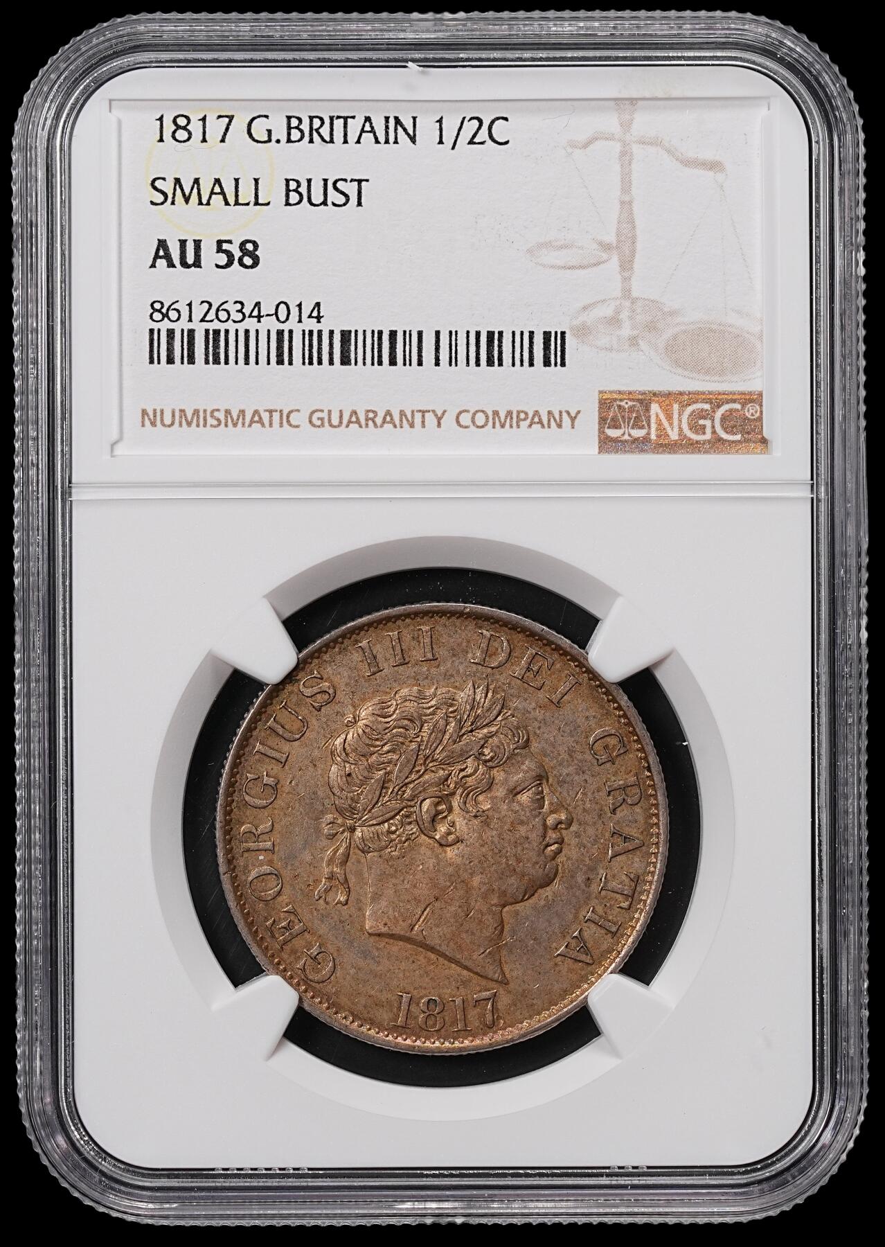 修遠堂世界钱币第八十八期 NGC AU58 1817年英国1/2克朗银币 小头像版