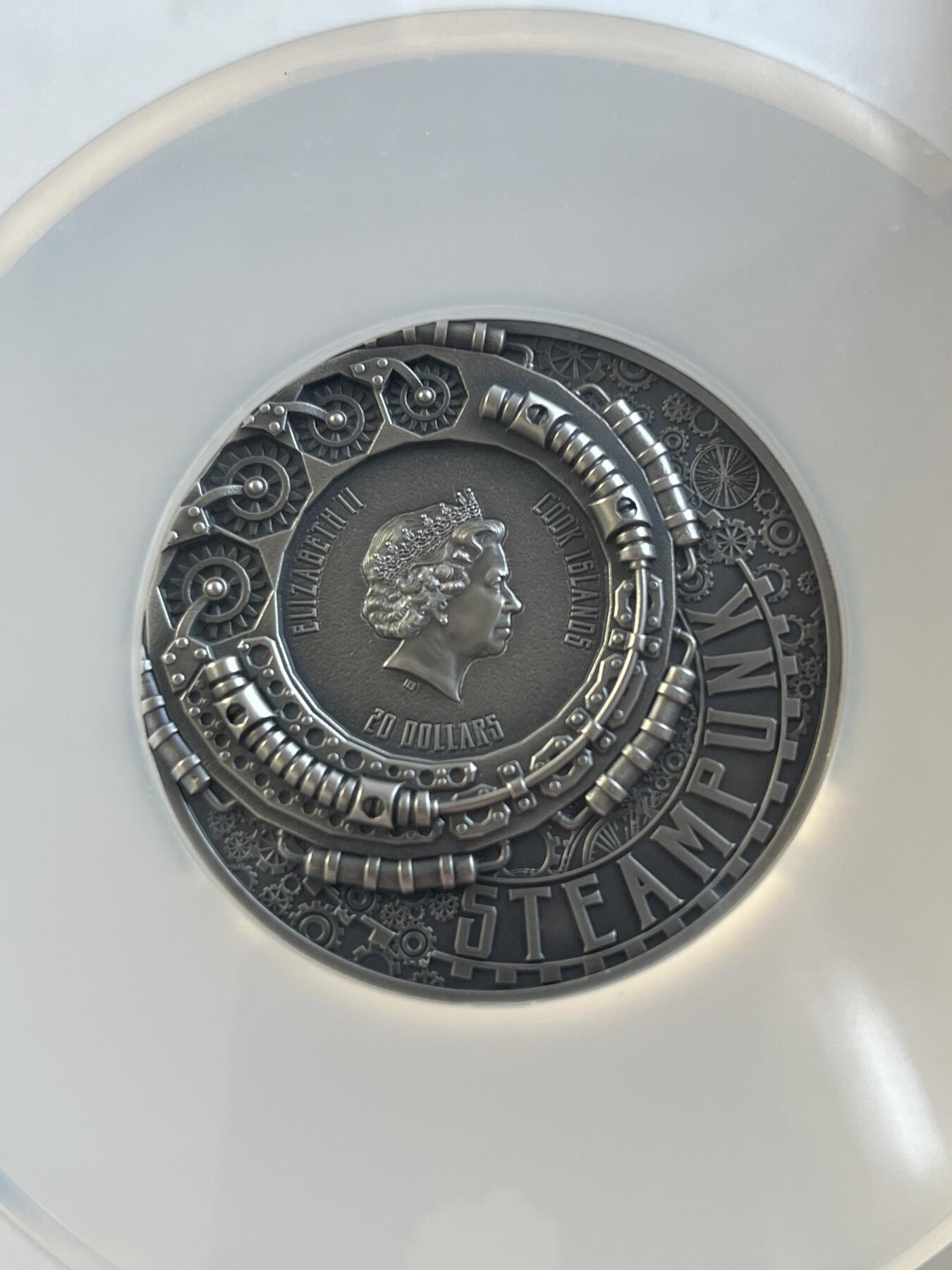 第177期拍卖【长期征集拍品】 NGC-PF70ULTRA CAMEO 库克2022年发行蒸汽朋克系列-鹦鹉螺浮雕镀金仿古纪念银币（超高浮雕效果震撼，3盎司克重，币径50MM，限量发行888枚，加厚大盒，拥有上天下海的能力一直是人类挑战未知世界的渴望，这枚里面寓意着人类挑战海洋成功！），无盒无证书
